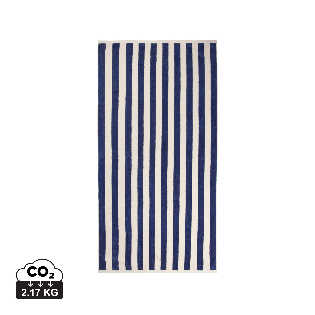 Serviette de plage rayée 450 g/m² publicitaire Lagoa bleu marine et blanc